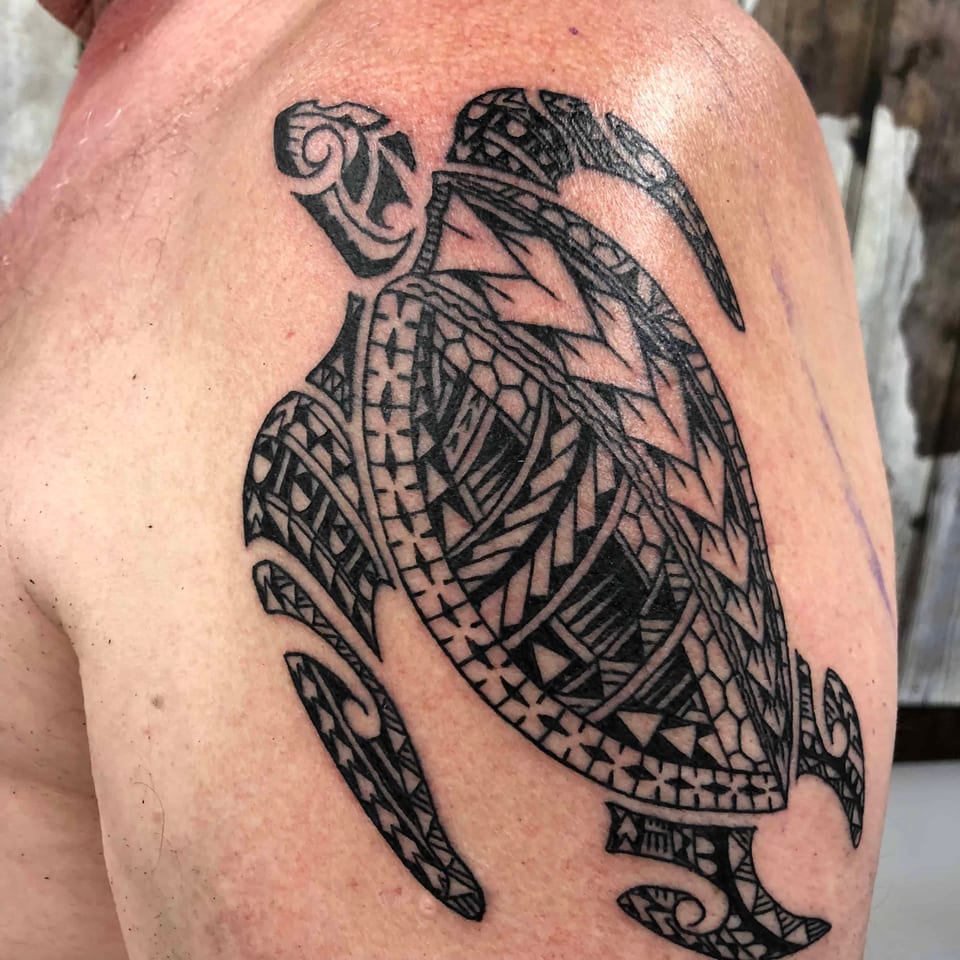 Black Polynesian sea turtle on a man's shoulder blade, tattooed by Seth Reynolds